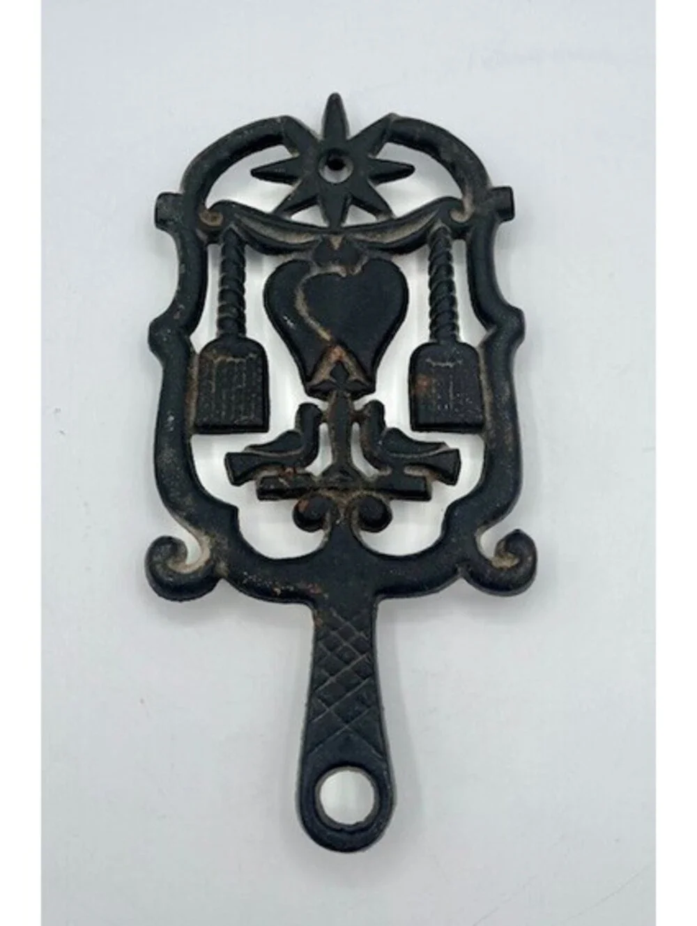 Vintage Cast Iron Trivet/Wall Art —Birds, Hearts, Brooms, Star, Beautiful Patina